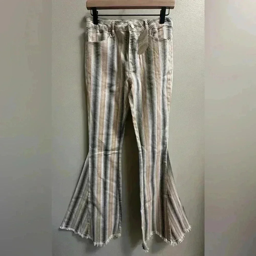 NEW | Altar’d State Boho Striped Bell Bottom Flare Jeans Women M Tan/Grey/White